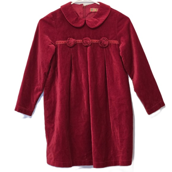 Girls Velvet Dress Peter Pan Collar Rosebuds Burgundy Kids Party Dress - Picture 1 of 7